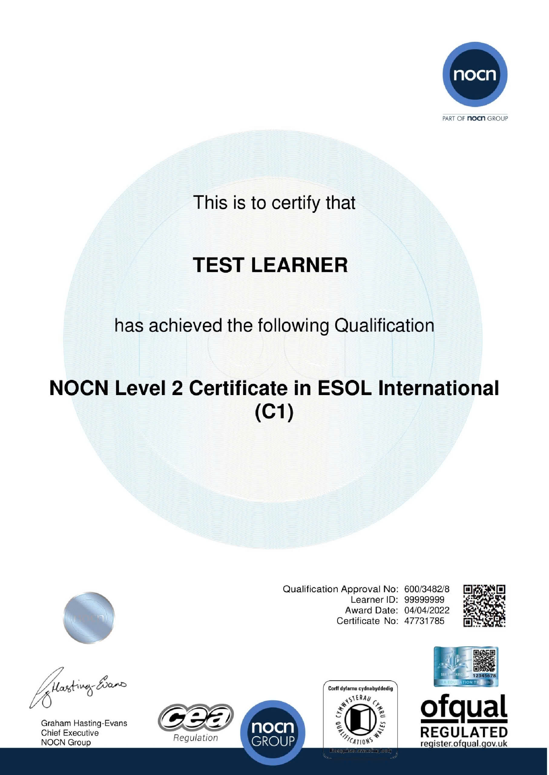NOCN ESOL Certificate Page 1